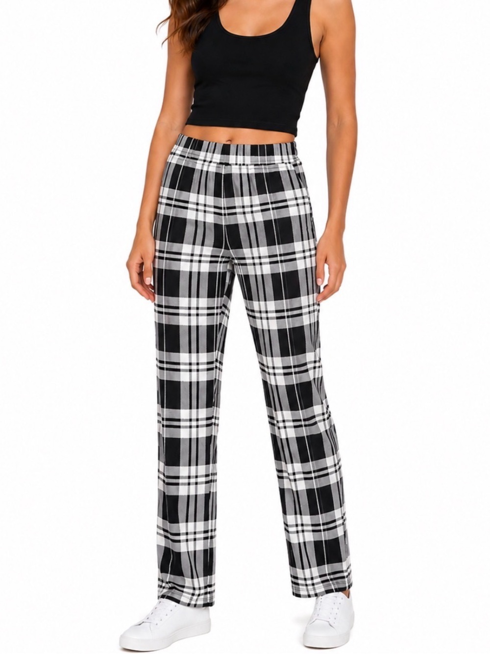Rainbow Black & White Plaid Pants pull on elastic waist tartan stretch SZ MD